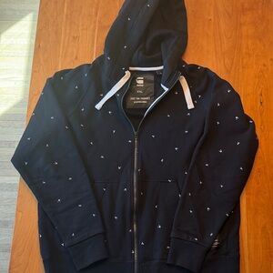G-Star Men's Black Zip Hoodie with White Accent Drawstrings